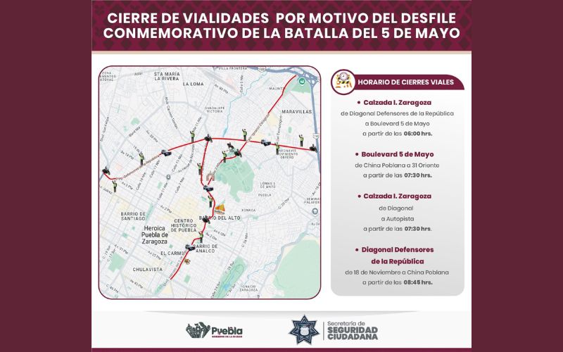 SSC Puebla hará cierres de circulación por desfile del 5 de Mayo