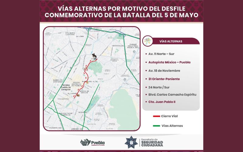 SSC Puebla: Vías alternas durante desfile del 5 de Mayo