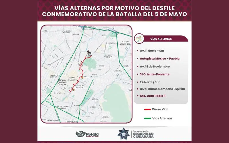 SSC Puebla: Vías alternas durante desfile del 5 de Mayo